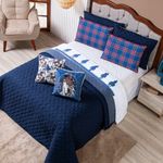 Kit Cobre Leito Colcha Solteiro Country Com Almofadas Estampadas 05 Peças - Dupla Face Percal 300 Fios Matelado Cor Azul
