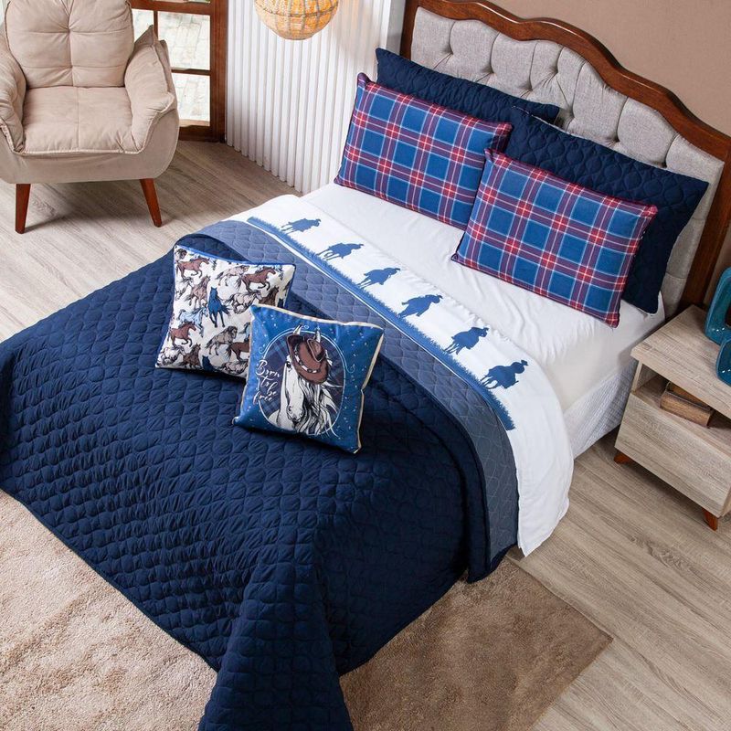 Kit Cobre Leito Colcha Solteiro Country Com Almofadas Estampadas 05 Peças - Dupla Face Percal 300 Fios Matelado Cor Azul