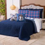 Kit Cobre Leito Colcha Solteiro Country Com Almofadas Estampadas 05 Peças - Dupla Face Percal 300 Fios Matelado Cor Azul