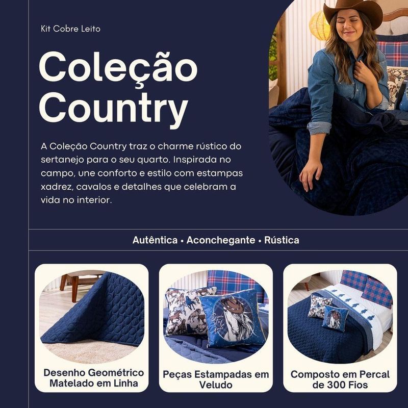 Kit Cobre Leito Colcha Solteiro Country Com Almofadas Estampadas 05 Peças - Dupla Face Percal 300 Fios Matelado Cor Azul