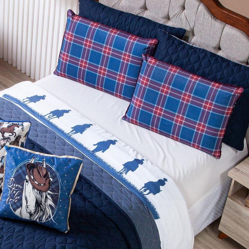 Kit Cobre Leito Colcha Solteiro Country Com Almofadas Estampadas 05 Peças - Dupla Face Percal 300 Fios Matelado Cor Azul