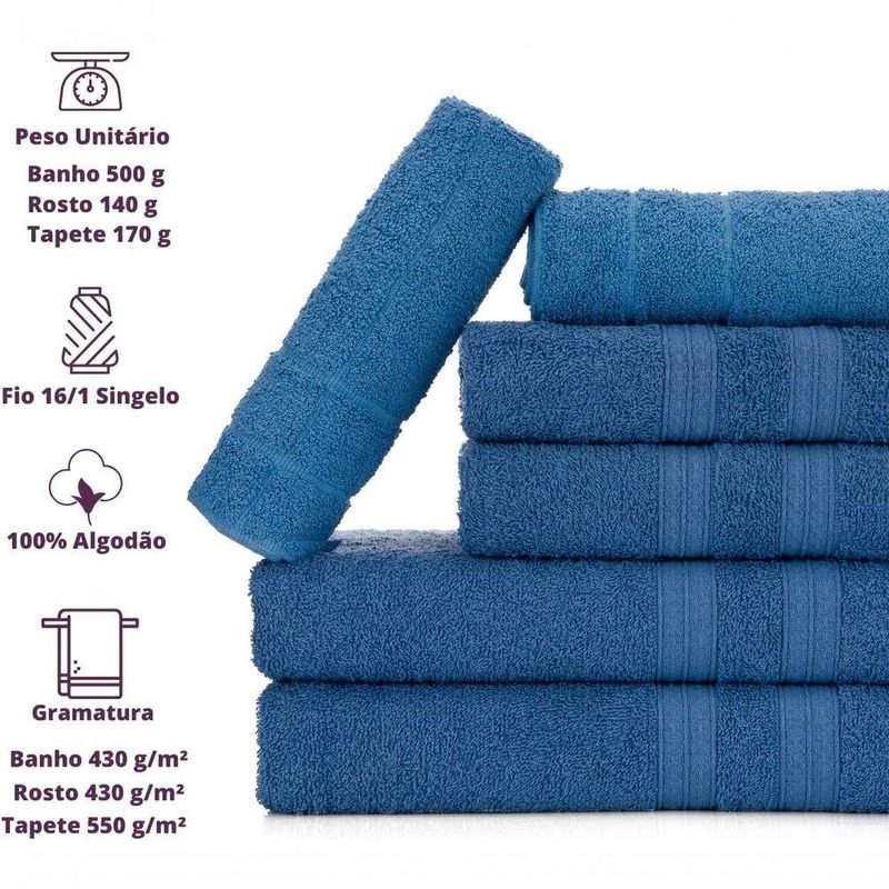Jogo De Toalhas Gigante Itália Soft 2 Banhão + 2 Rosto + 2 Tapete Luxo 100% Algodão - Azul