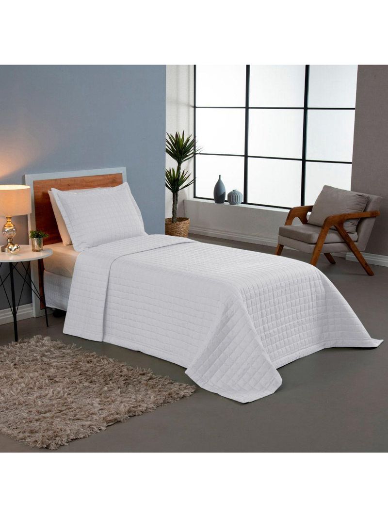 Kit Cobre Leito Colcha Bellini Solteiro Dupla Face Percal 300 Fios Textura Matelassê - Branco