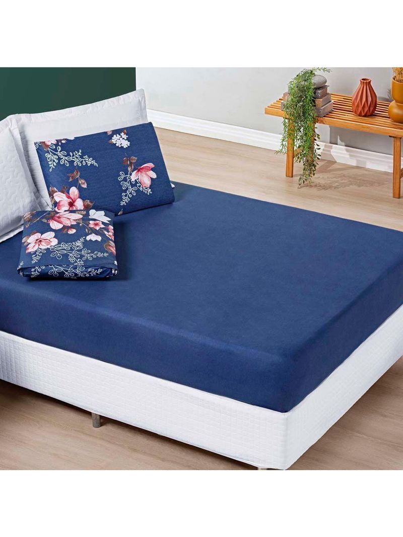 Jogo Cama Lençol Celi Casal Padrão Micropercal 200 Fios 3 Peças - Azul Marinho Floral
