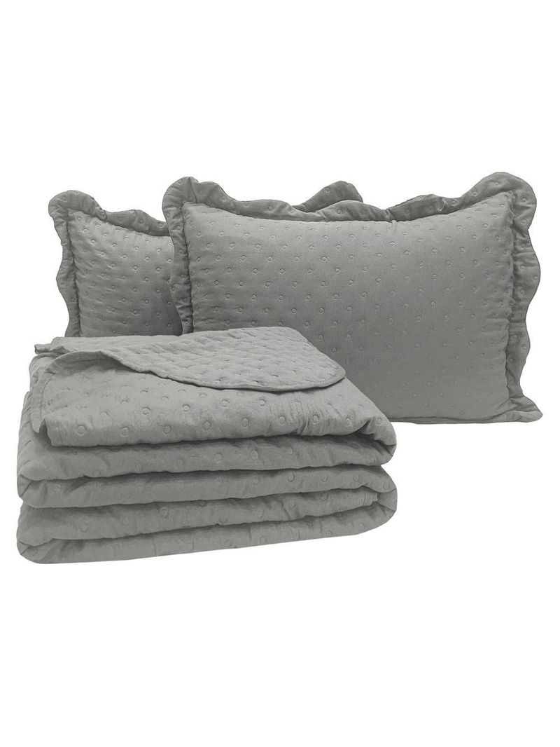 Kit Cobre Leito Colcha Perone Queen Dupla Face Toque De Pluma Micro Percal 300 Fios 3 Peças - Cinza
