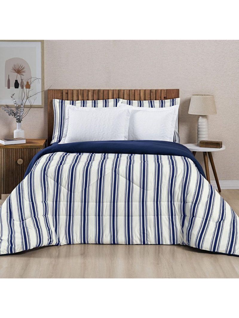 Edredom Cobertor Daily King Malha Listrado Dupla Face Fio Penteado - Azul Marinho