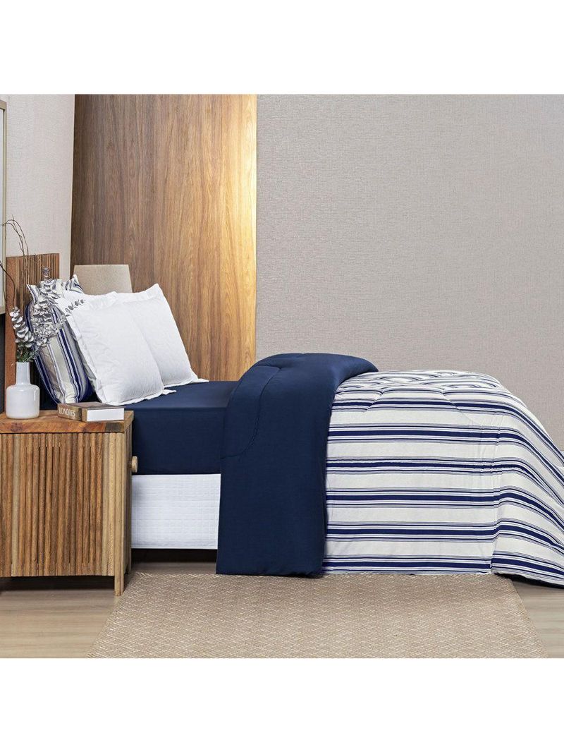 Edredom Cobertor Daily King Malha Listrado Dupla Face Fio Penteado - Azul Marinho