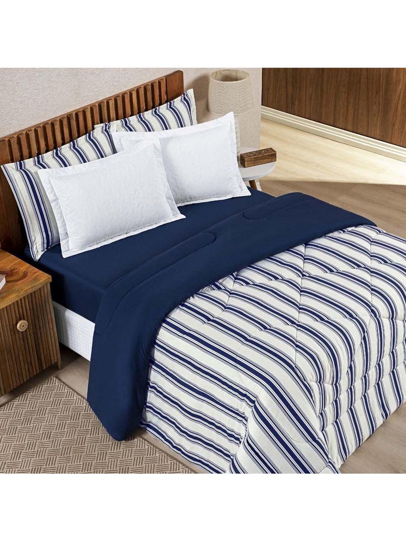 Edredom Cobertor Daily King Malha Listrado Dupla Face Fio Penteado - Azul Marinho