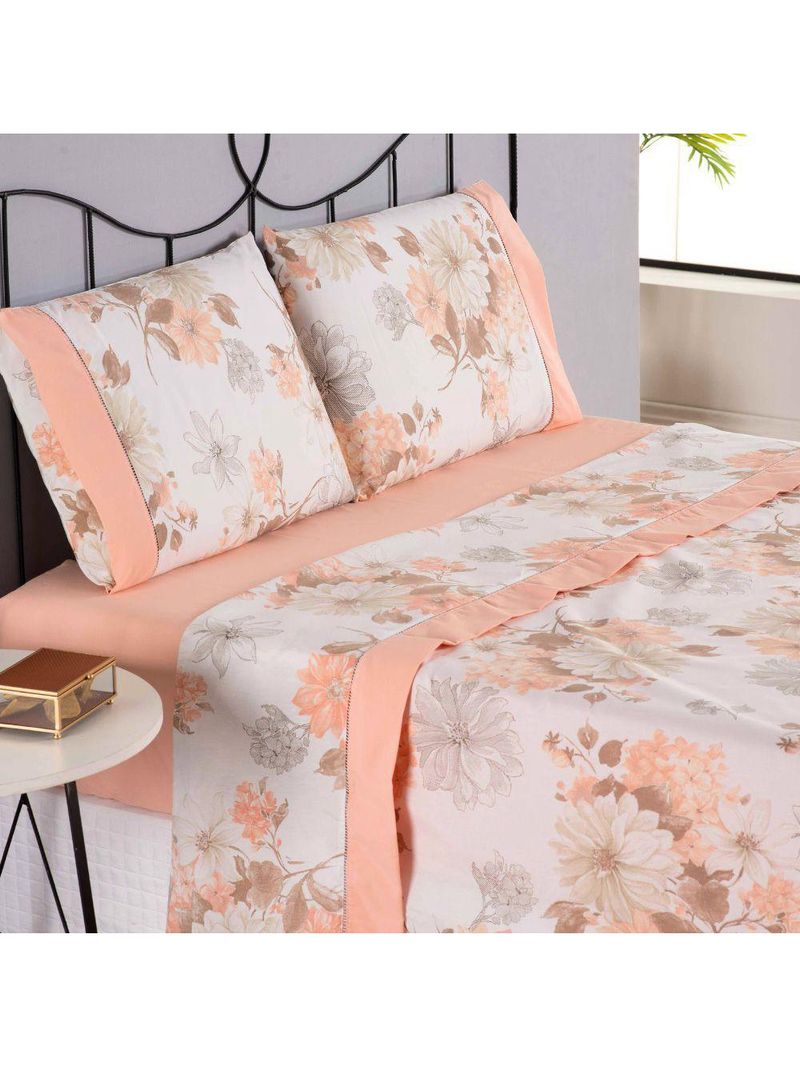 Jogo Cama Lençol Encanto Casal Padrão Estampado Percal 180 Fios C/ Ponto Palito 4 Peças - Floral - Salmão