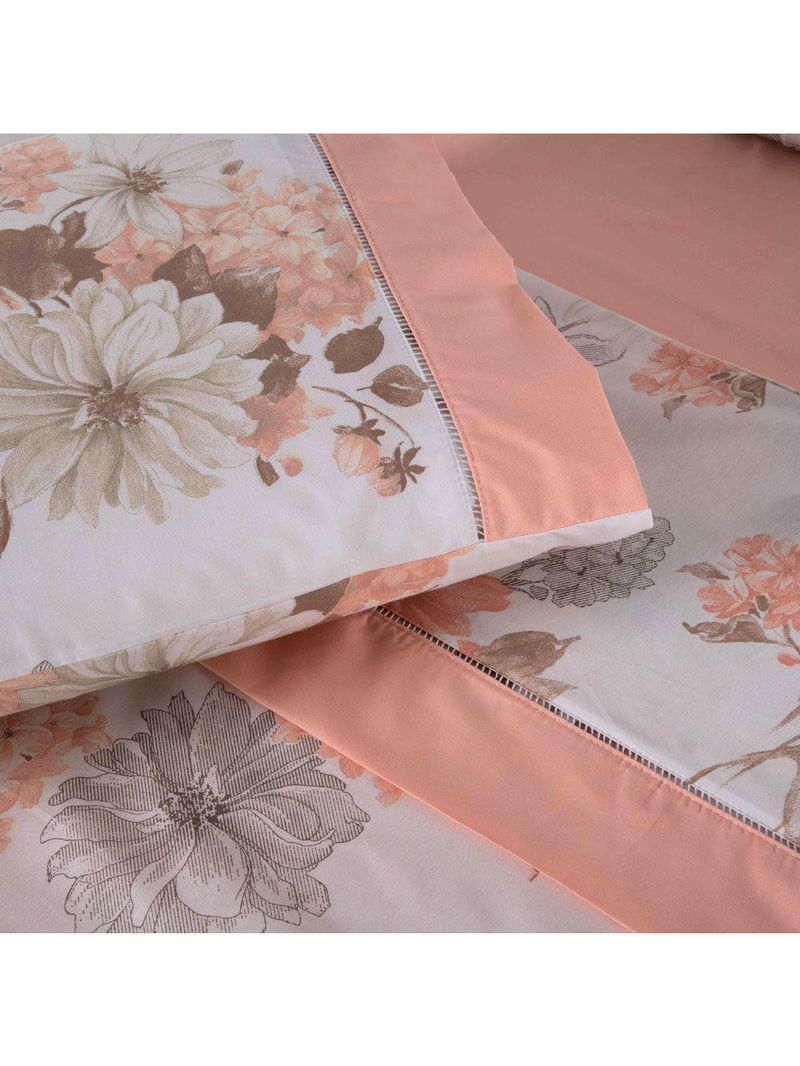 Jogo Cama Lençol Encanto Casal Padrão Estampado Percal 180 Fios C/ Ponto Palito 4 Peças - Floral - Salmão