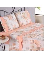 Jogo Cama Lençol Encanto Casal Padrão Estampado Percal 180 Fios C/ Ponto Palito 4 Peças - Floral - Salmão