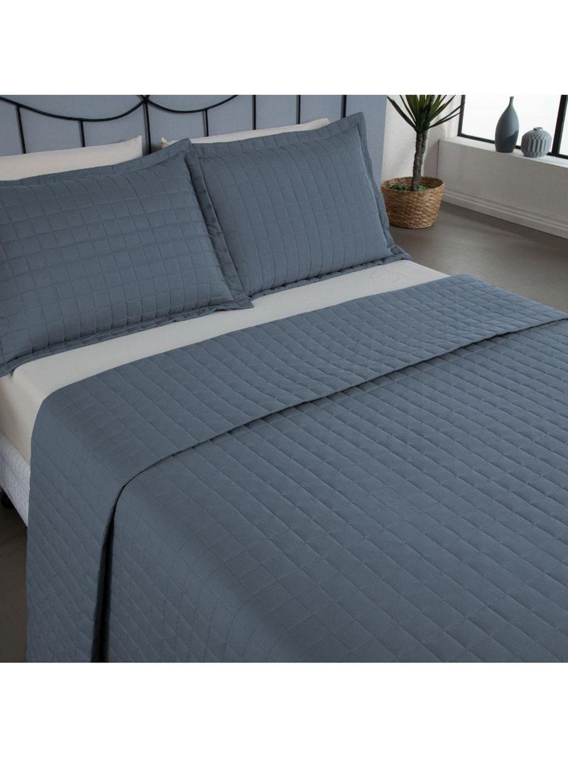 Kit Cobre Leito Colcha Bellini Queen Dupla Face Percal 300 Fios Textura Matelassê 3 Peças - Azul