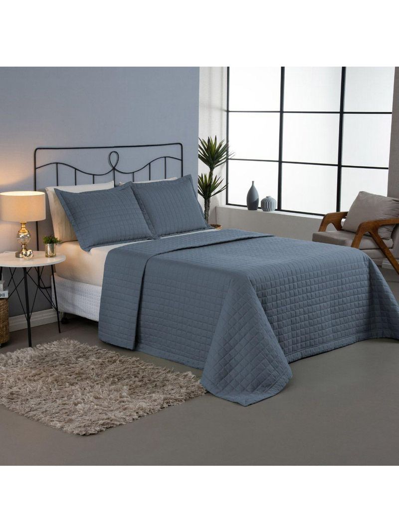 Kit Cobre Leito Colcha Bellini Queen Dupla Face Percal 300 Fios Textura Matelassê 3 Peças - Azul
