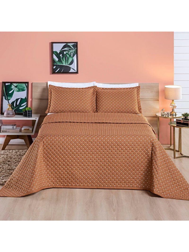 Kit Cobre Leito Colcha Vênus Casal Dupla Face Micropercal 200 Fios Liso 3 Peças - Terracota