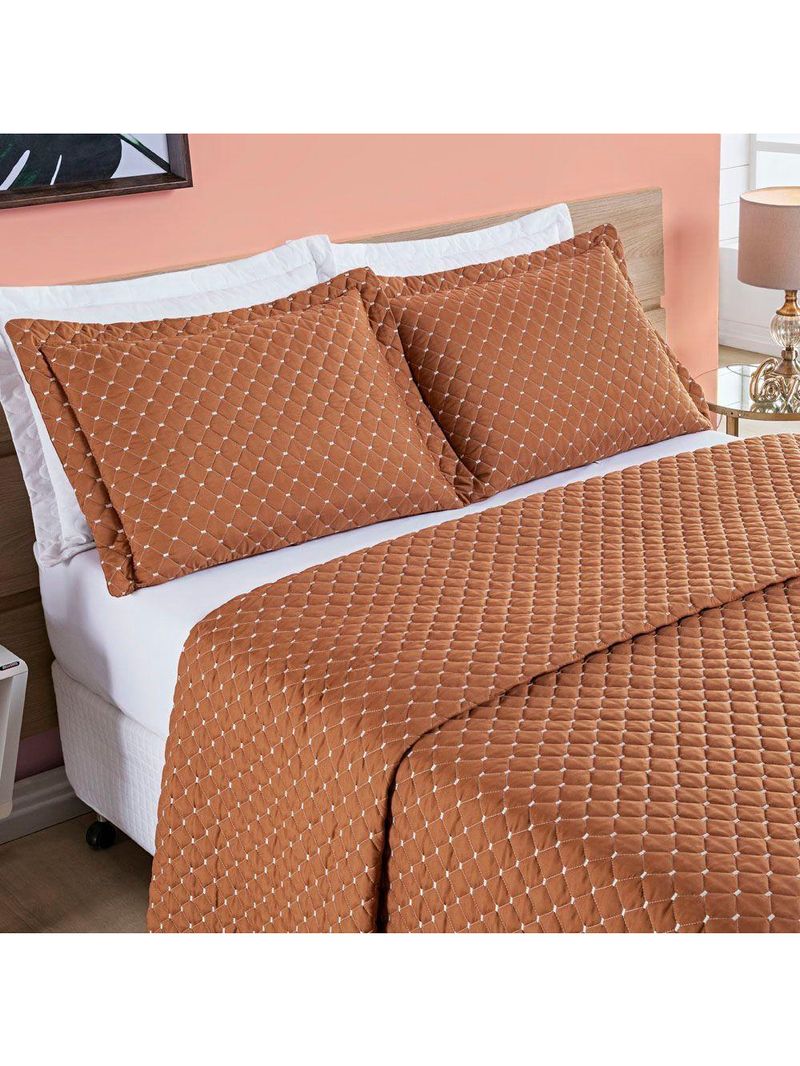 Kit Cobre Leito Colcha Vênus Casal Dupla Face Micropercal 200 Fios Liso 3 Peças - Terracota