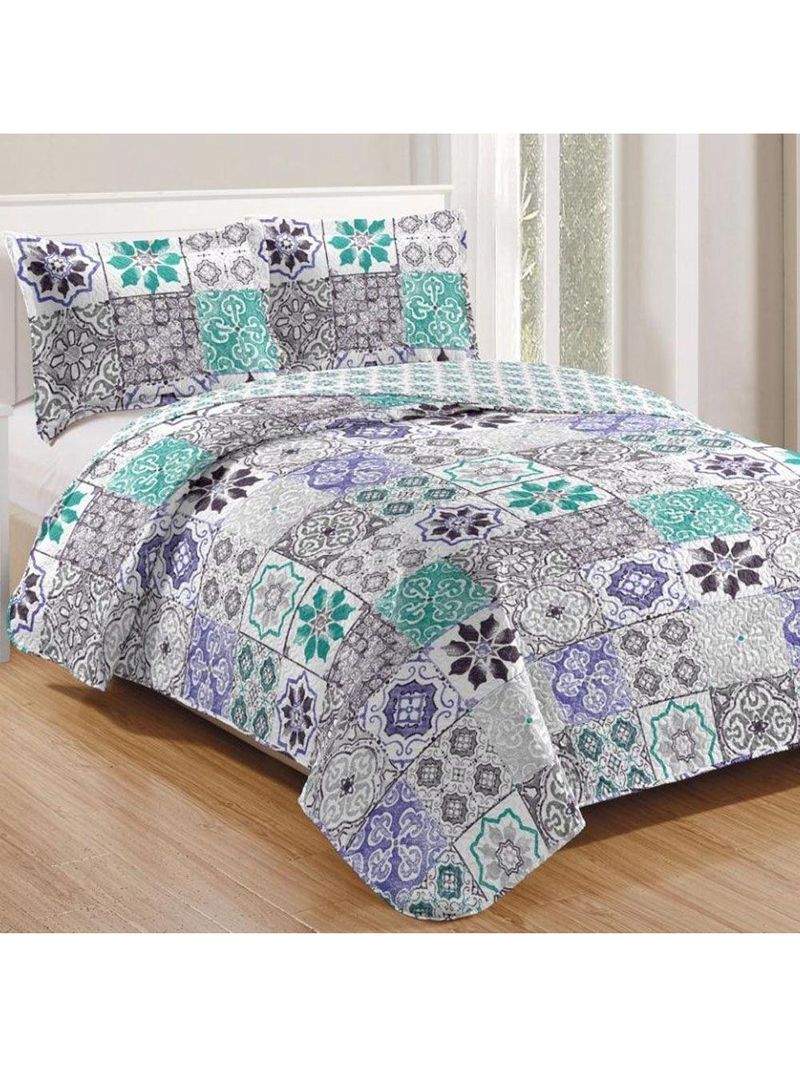 Kit Cobre Leito Colcha Mix Queen Estampado  3 Peças - Thaís
