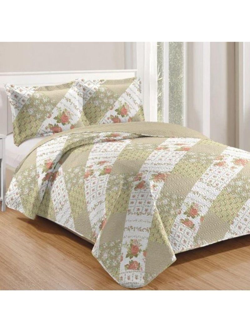 Kit Cobre Leito Colcha Mix Queen Estampado 3 Peças -Janaína