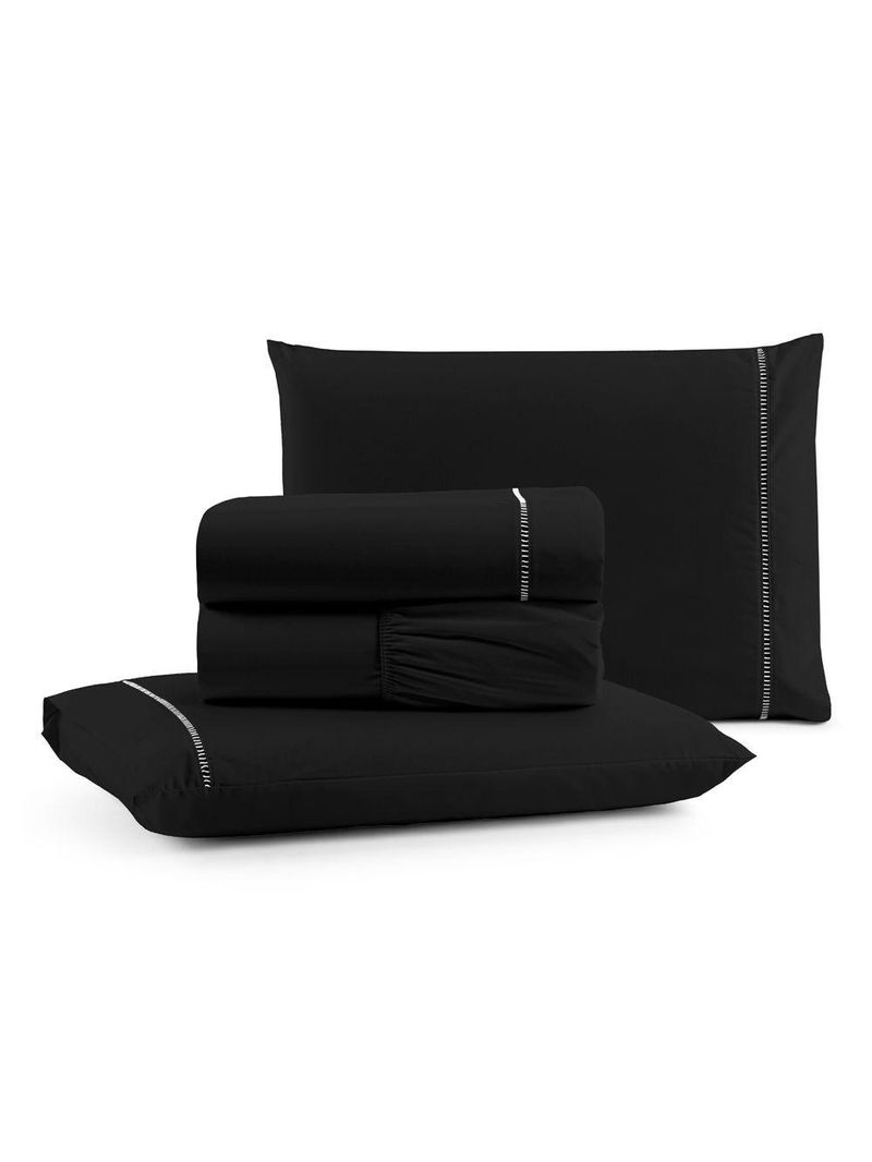 Jogo Cama Lençol Bali Queen Percal 180 Fios 100% Algodão Ponto Palito 4 Peças - Preto