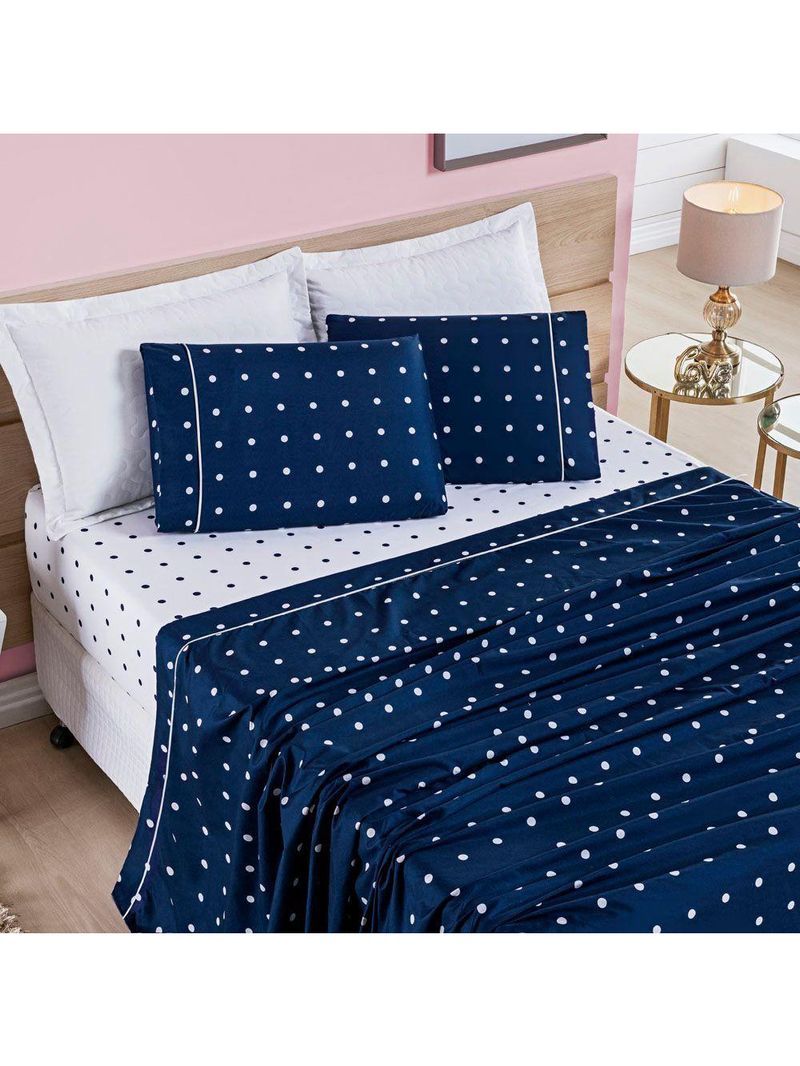 Jogo Cama Lençol Meggy Poá Queen Bolinhas Micropercal 200 Fios 4 Peças - Azul Marinho