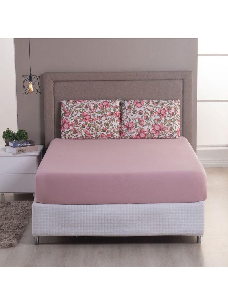 Jogo Cama Lençol Sonnet King Malha Estampada 100% Algodão 3 Peças - Flores - Rosê