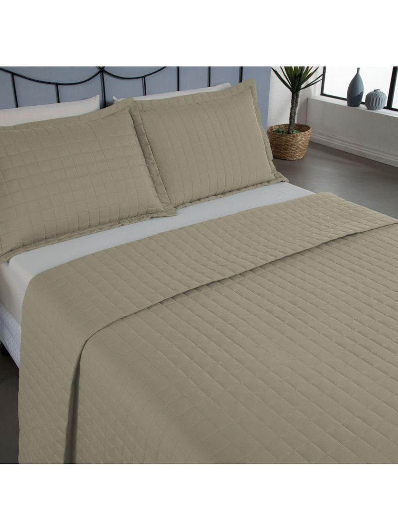 Kit Cobre Leito Colcha Bellini Casal Padrão Dupla Face Percal 300 Fios Textura Matelassê 3 Peças - Cáqui