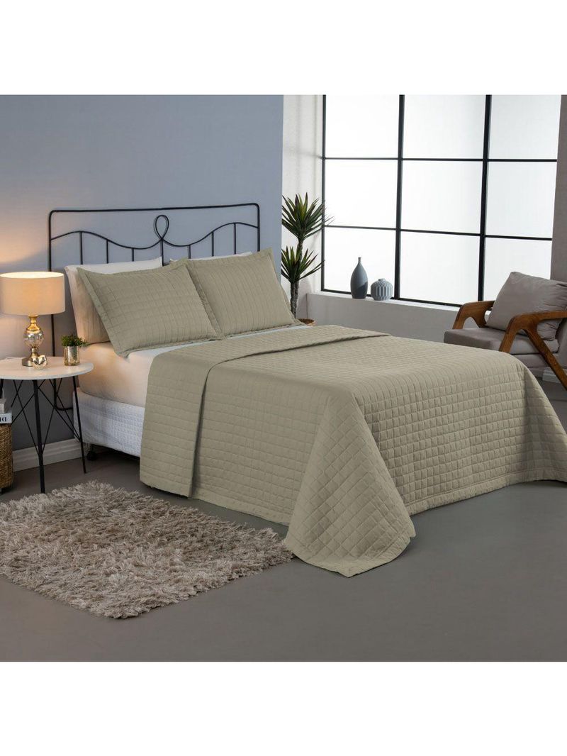 Kit Cobre Leito Colcha Bellini Casal Padrão Dupla Face Percal 300 Fios Textura Matelassê 3 Peças - Cáqui