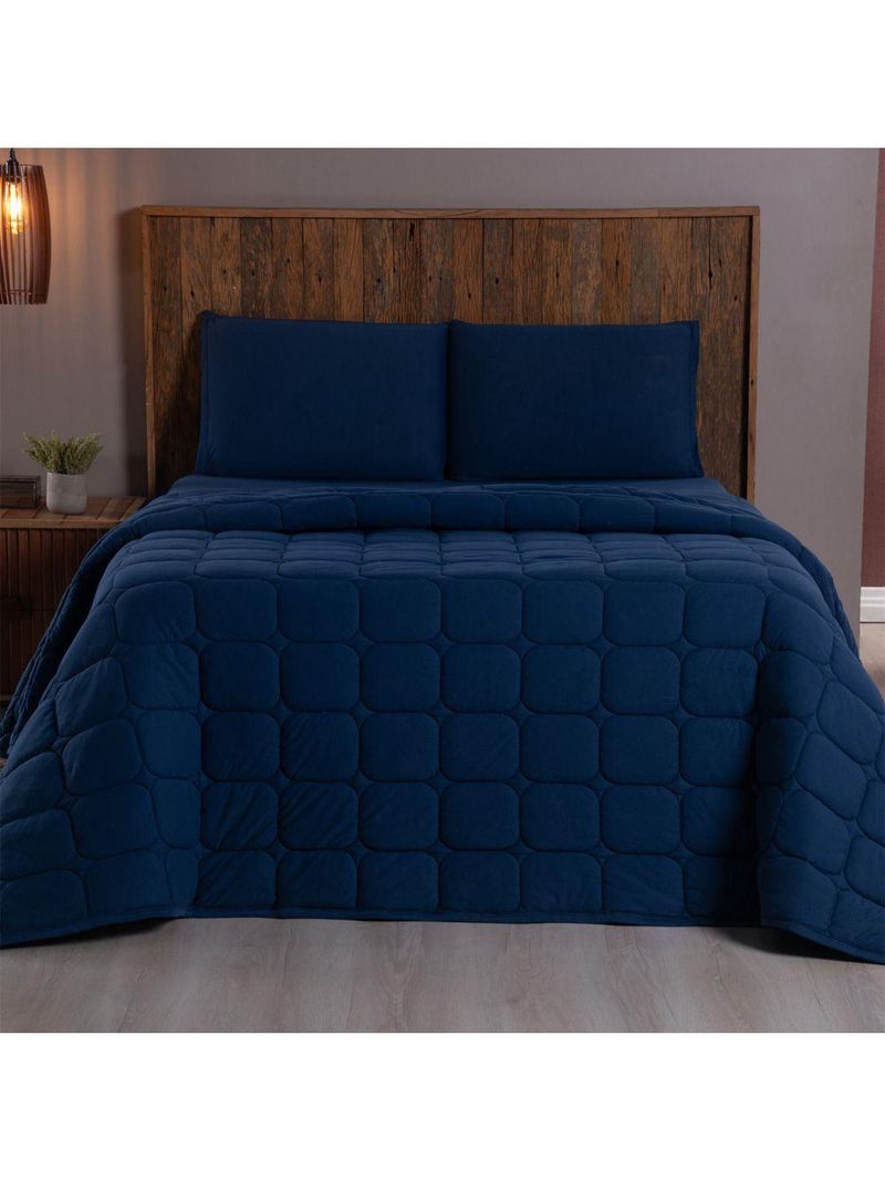 Kit Cobre Leito Colcha Livorno Queen Acolchoado Fofo Macio Malha 100% Algodão 3 Peças - Azul Marinho