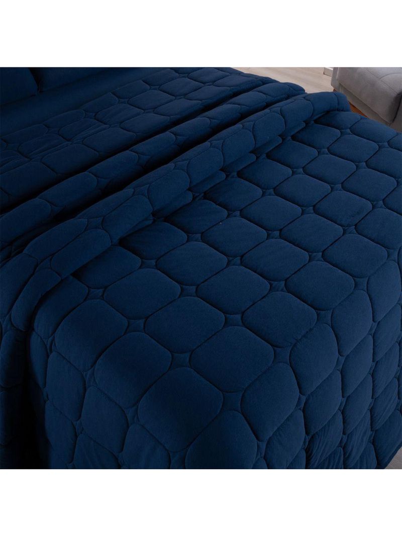 Kit Cobre Leito Colcha Livorno Queen Acolchoado Fofo Macio Malha 100% Algodão 3 Peças - Azul Marinho