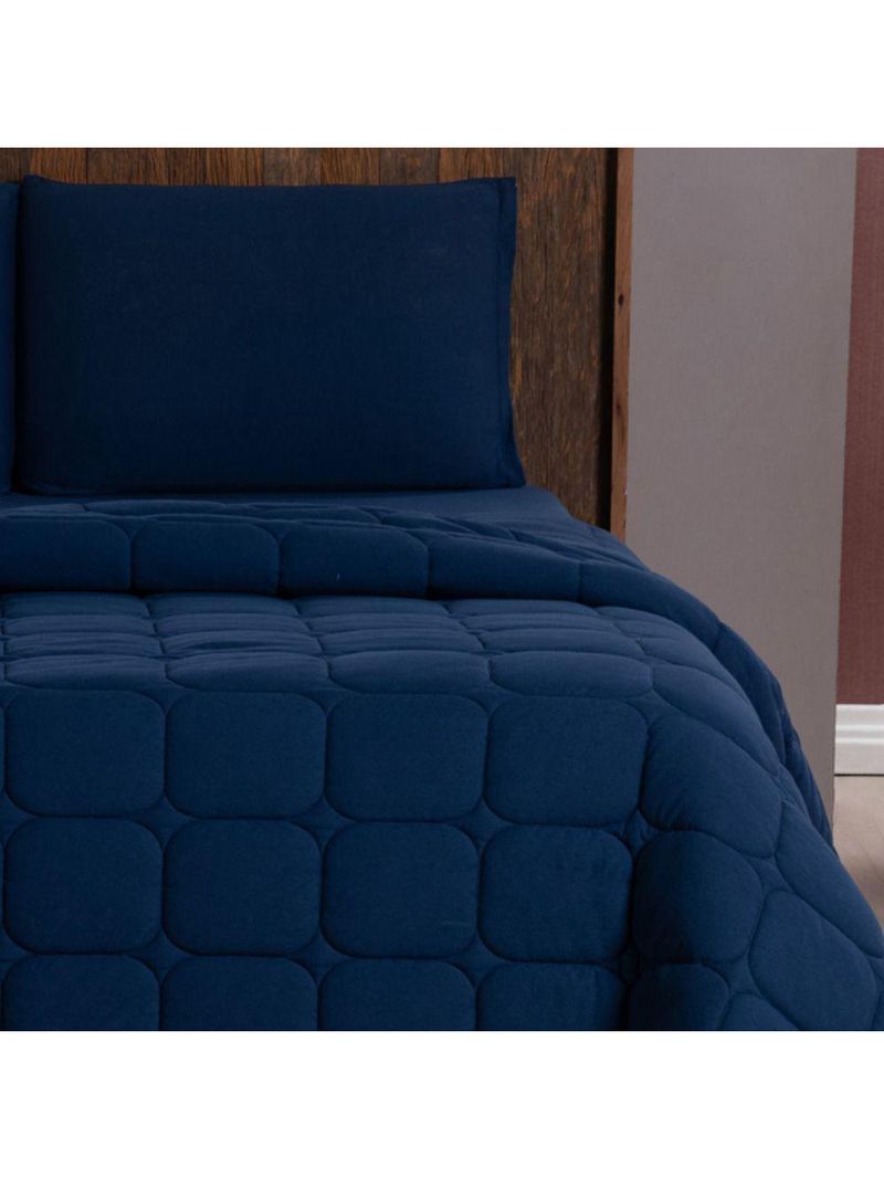 Kit Cobre Leito Colcha Livorno Queen Acolchoado Fofo Macio Malha 100% Algodão 3 Peças - Azul Marinho