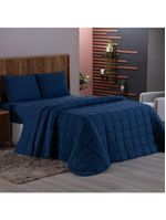 Kit Cobre Leito Colcha Livorno Queen Acolchoado Fofo Macio Malha 100% Algodão 3 Peças - Azul Marinho