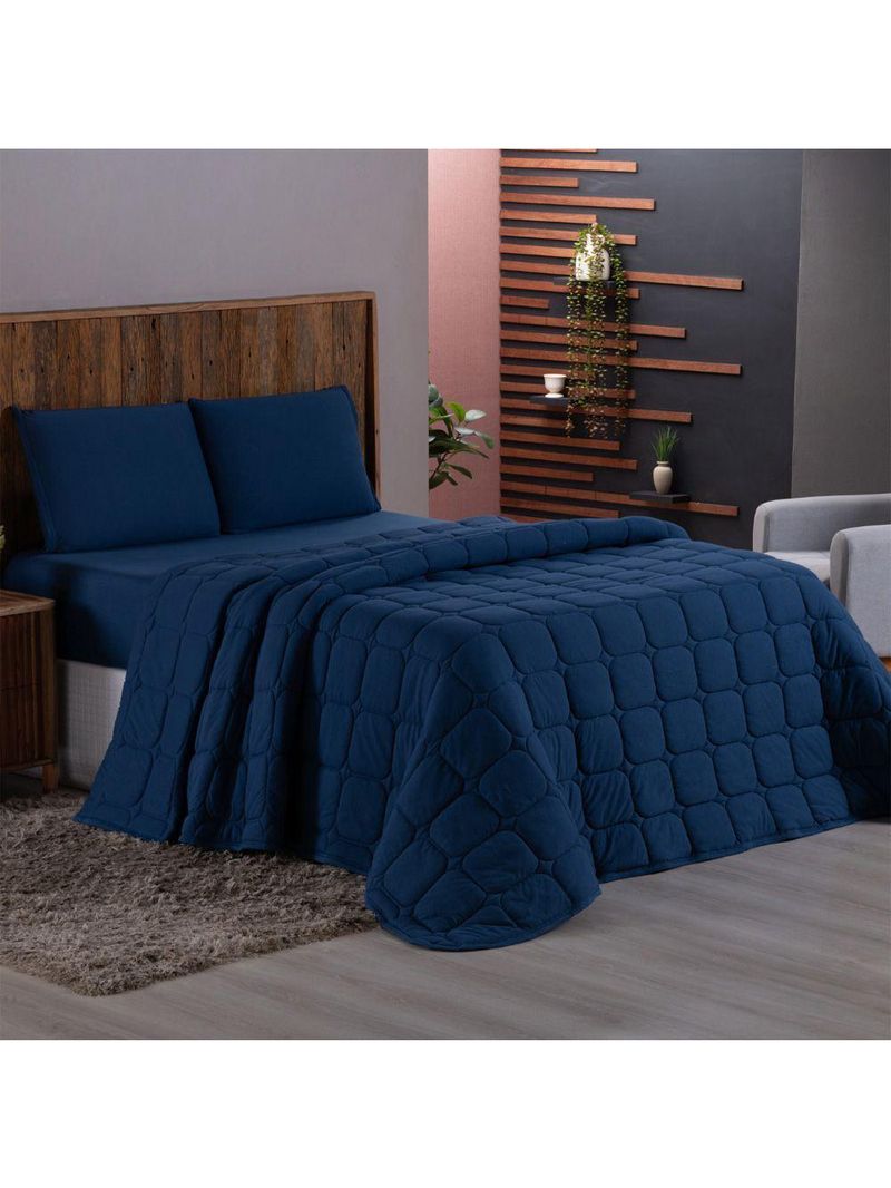 Kit Cobre Leito Colcha Livorno Queen Acolchoado Fofo Macio Malha 100% Algodão 3 Peças - Azul Marinho