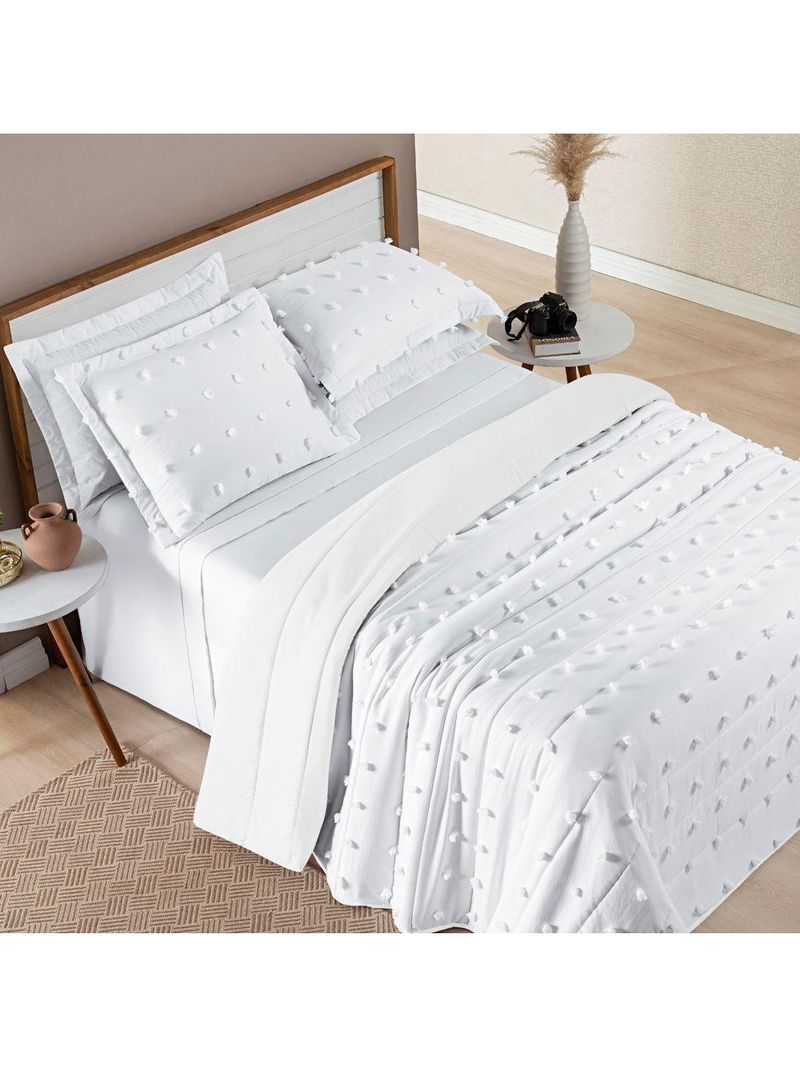 Kit Cobre Leito Colcha Alexa Pompom Casal Padrão Dupla Face Micropercal 3 Peças - Branco