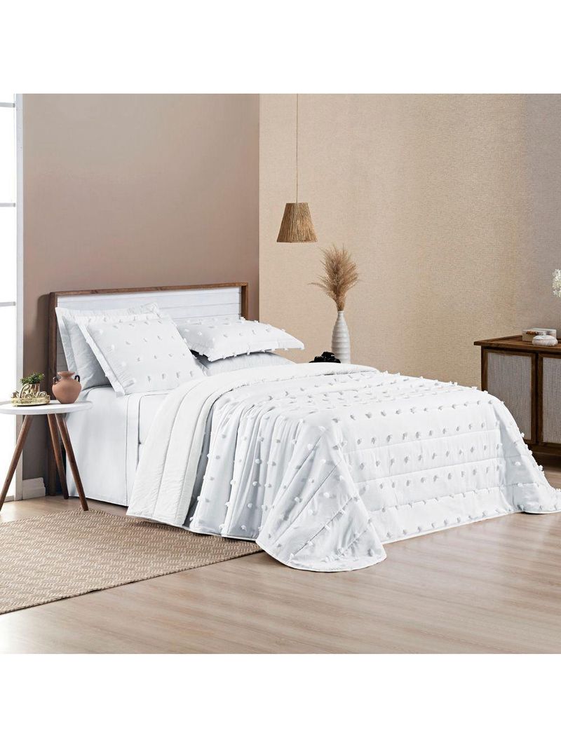 Kit Cobre Leito Colcha Alexa Pompom Casal Padrão Dupla Face Micropercal 3 Peças - Branco