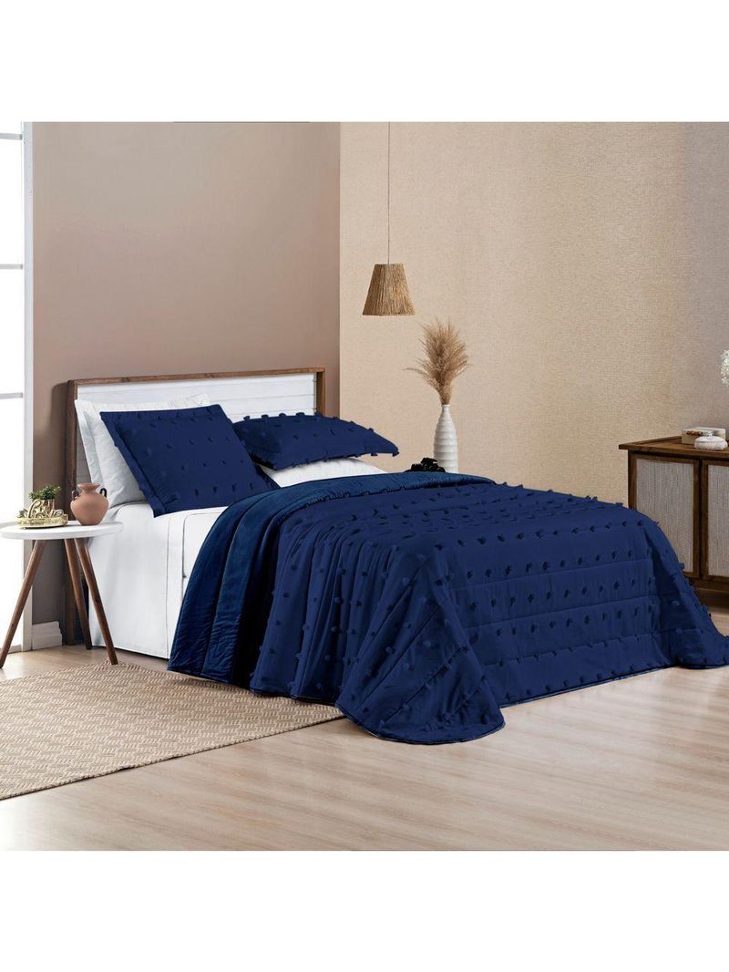 Kit Cobre Leito Colcha Alexa Pompom Casal Padrão Dupla Face Micropercal 3 Peças - Azul Marinho