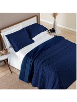 Kit Cobre Leito Colcha Alexa Pompom Casal Padrão Dupla Face Micropercal 3 Peças - Azul Marinho
