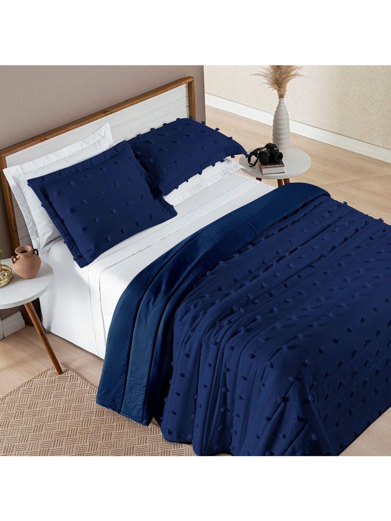 Kit Cobre Leito Colcha Alexa Pompom Casal Padrão Dupla Face Micropercal 3 Peças - Azul Marinho