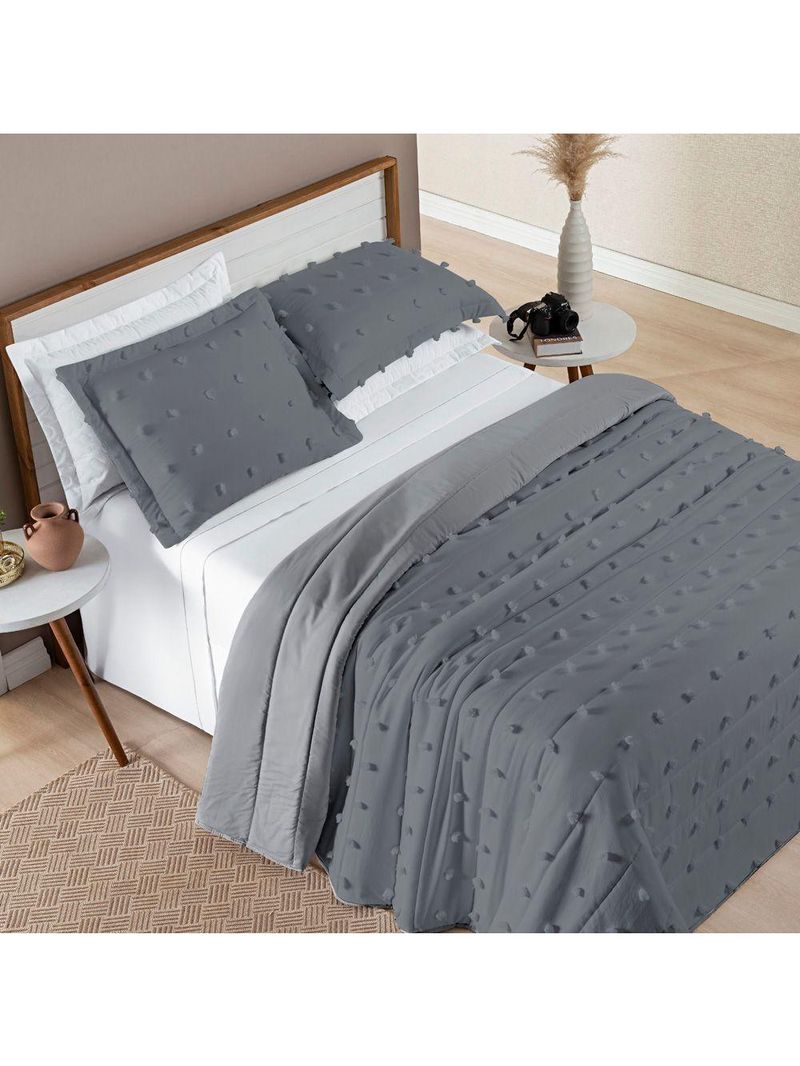 Kit Cobre Leito Colcha Alexa Pompom King Dupla Face Micropercal 3 Peças - Cinza