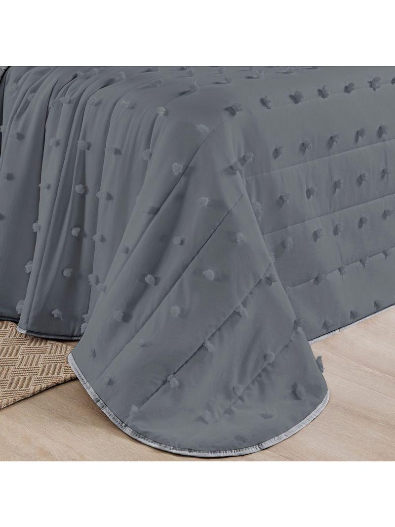 Kit Cobre Leito Colcha Alexa Pompom King Dupla Face Micropercal 3 Peças - Cinza