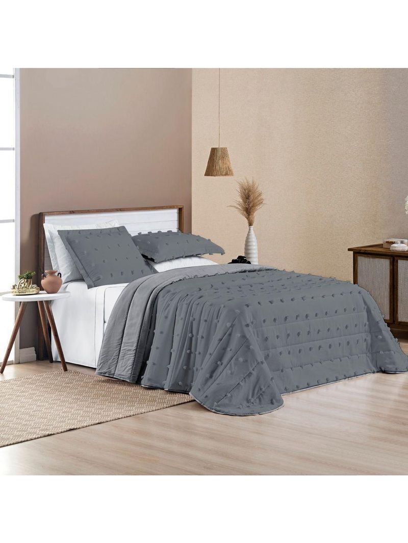Kit Cobre Leito Colcha Alexa Pompom King Dupla Face Micropercal 3 Peças - Cinza