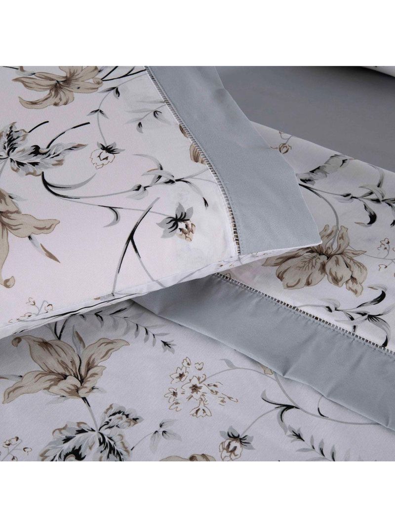 Jogo Cama Lençol Encanto King Estampado Percal 180 Fios C/ Ponto Palito 4 Peças - Floral - Cinza