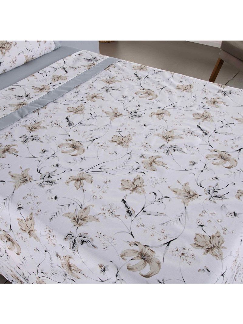 Jogo Cama Lençol Encanto King Estampado Percal 180 Fios C/ Ponto Palito 4 Peças - Floral - Cinza