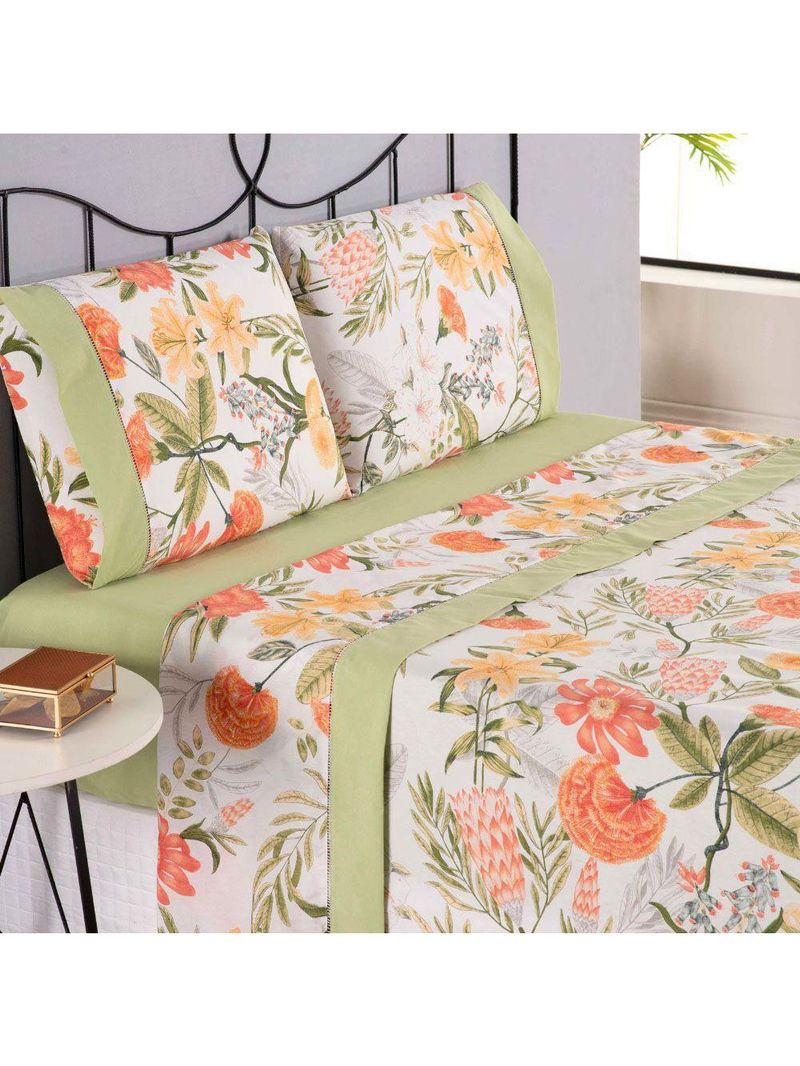 Jogo Cama Lençol Encanto Casal Padrão Percal 180 Fios C/ Ponto Palito 4 Peças - Floral - Verde