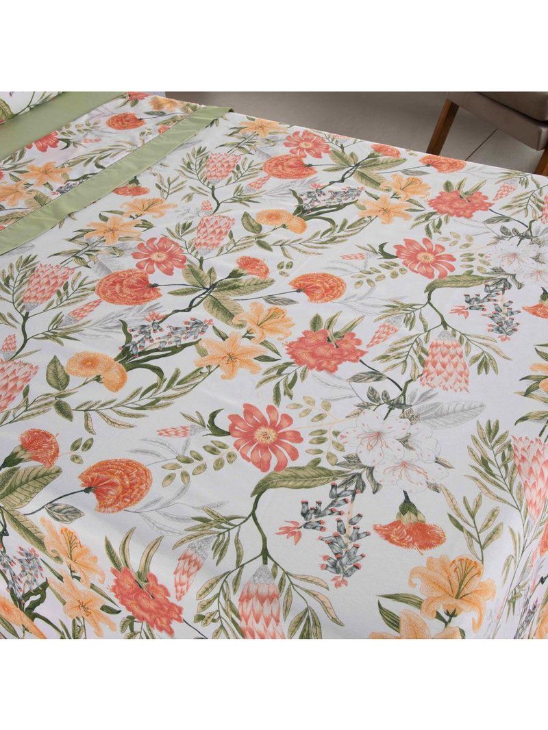 Jogo Cama Lençol Encanto Casal Padrão Percal 180 Fios C/ Ponto Palito 4 Peças - Floral - Verde