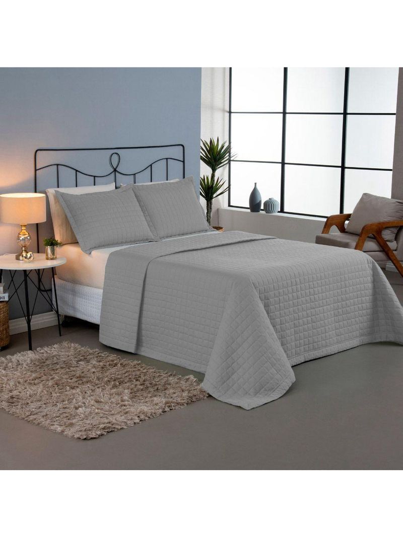 Kit Cobre Leito Colcha Bellini Casal Padrão Dupla Face Percal 300 Fios Textura Matelassê 3 Peças - Cinza