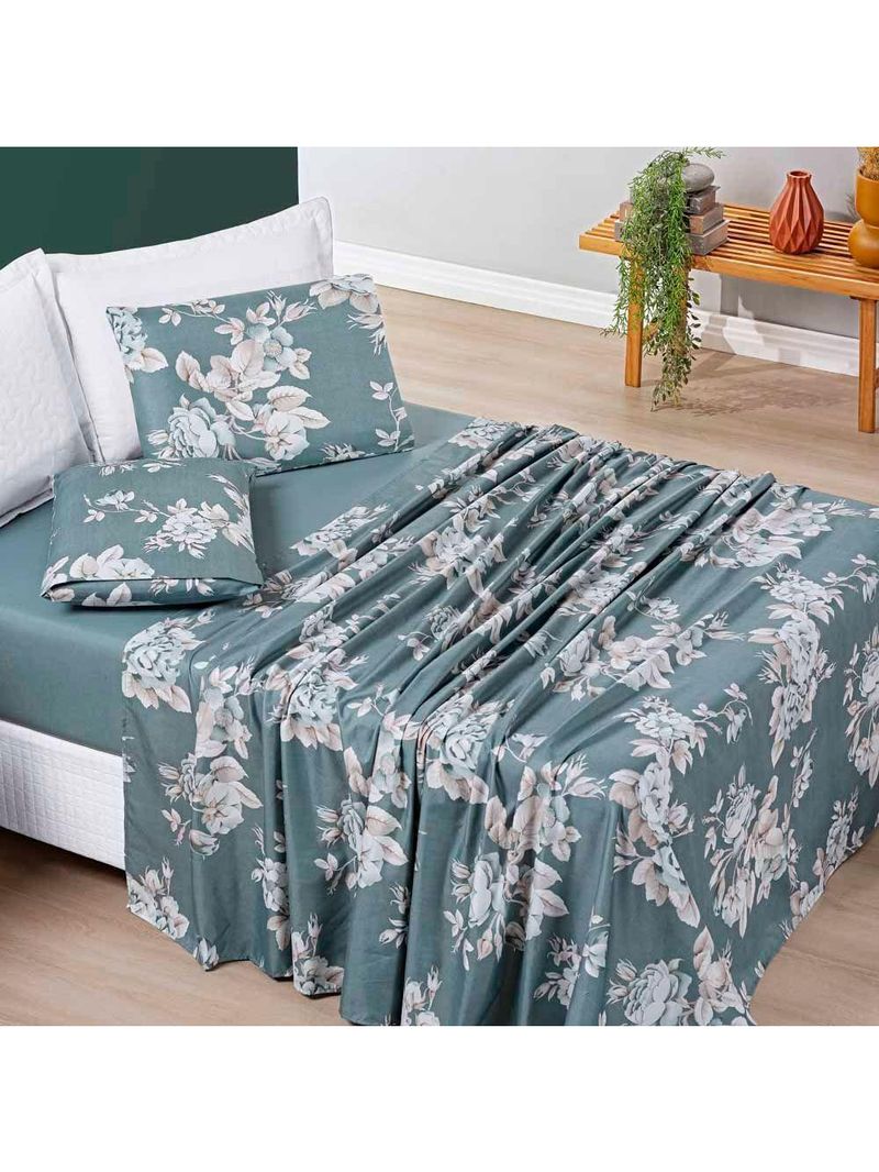 Jogo Cama Lençol Celi King Micropercal 200 Fios 4 Peças - Verde Floral