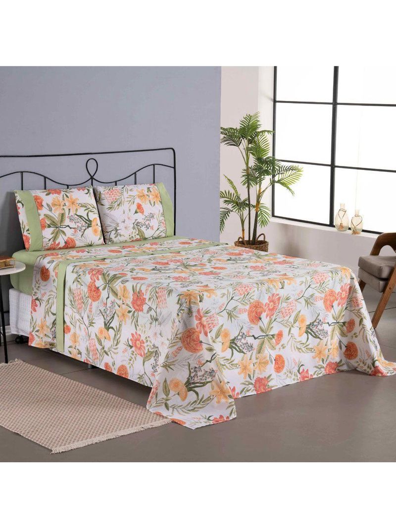 Jogo Cama Lençol Encanto Queen Estampado Percal 180 Fios C/ Ponto Palito 4 Peças - Floral - Verde