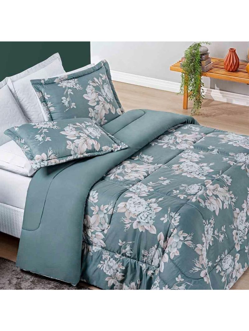 Kit Edredom Celi Queen Dupla Face Micropercal 200 Fios 3 Peças - Verde Floral