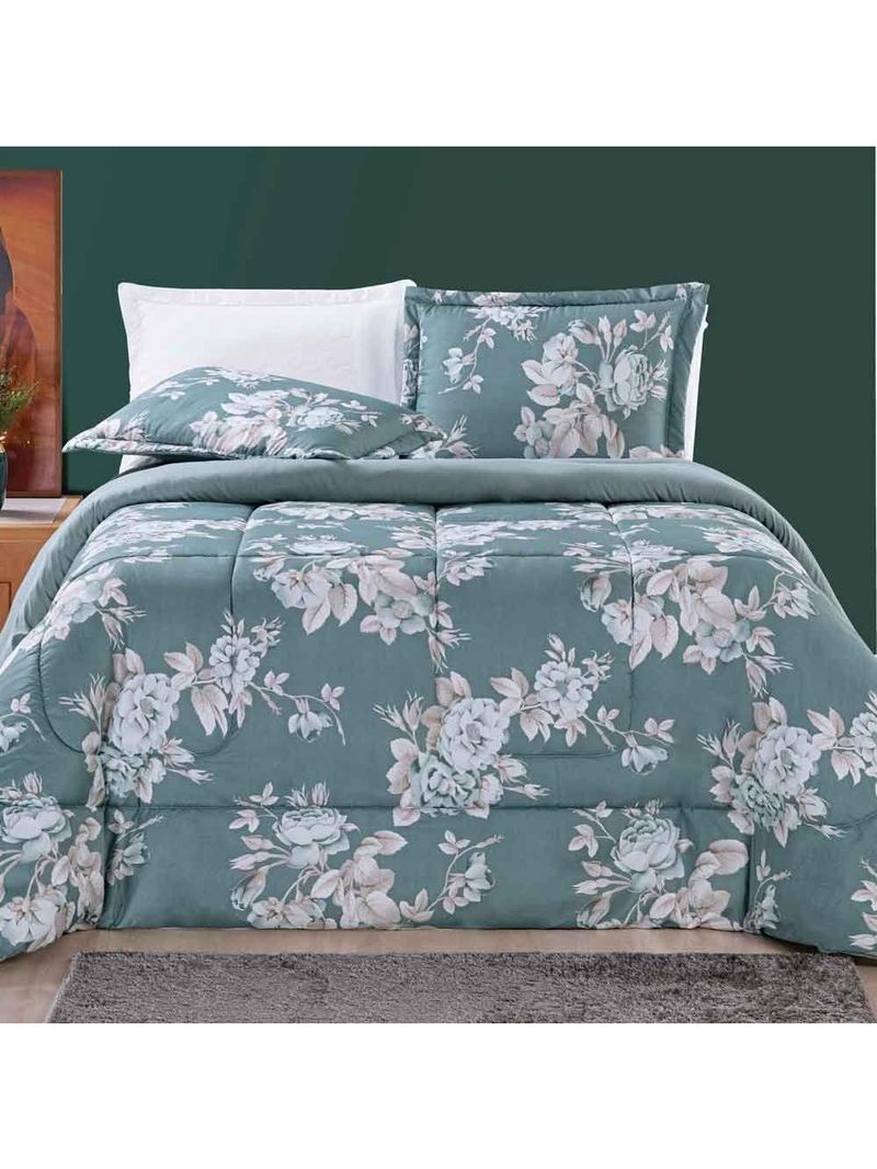 Kit Edredom Celi Queen Dupla Face Micropercal 200 Fios 3 Peças - Verde Floral