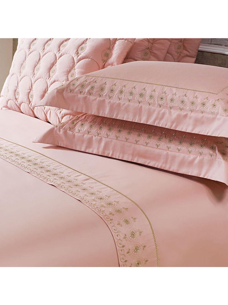 Jogo Cama Lençol Garland Queen Bordado 100% Algodão Acetinado 400 Fios 4 Peças - Rosê E Fendi