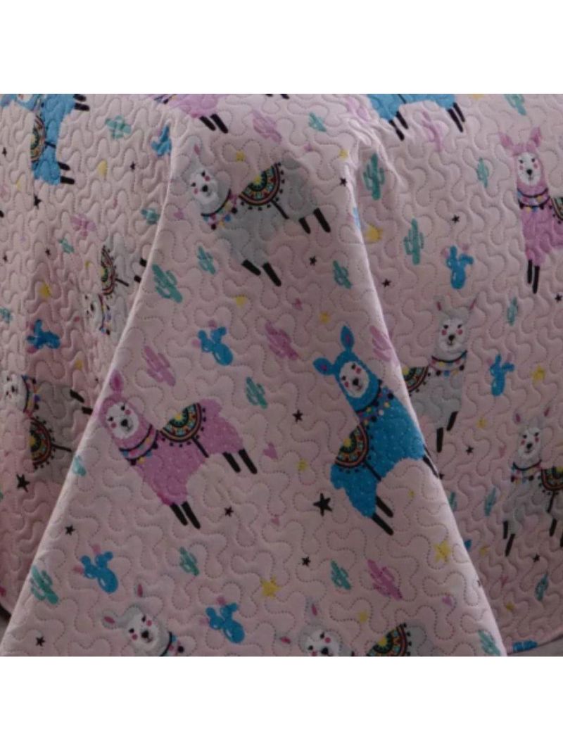 Kit Cobre Leito Colcha Solteiro Infantil Studio Dupla Face Estampado 2 Peças - Lhama - Rosa - 100% Poliéster